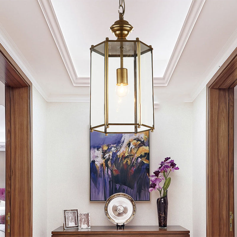 Classic Brass Lantern Pendant Light Fixture with Clear Glass - 1-Light Hanging Ceiling Lighting