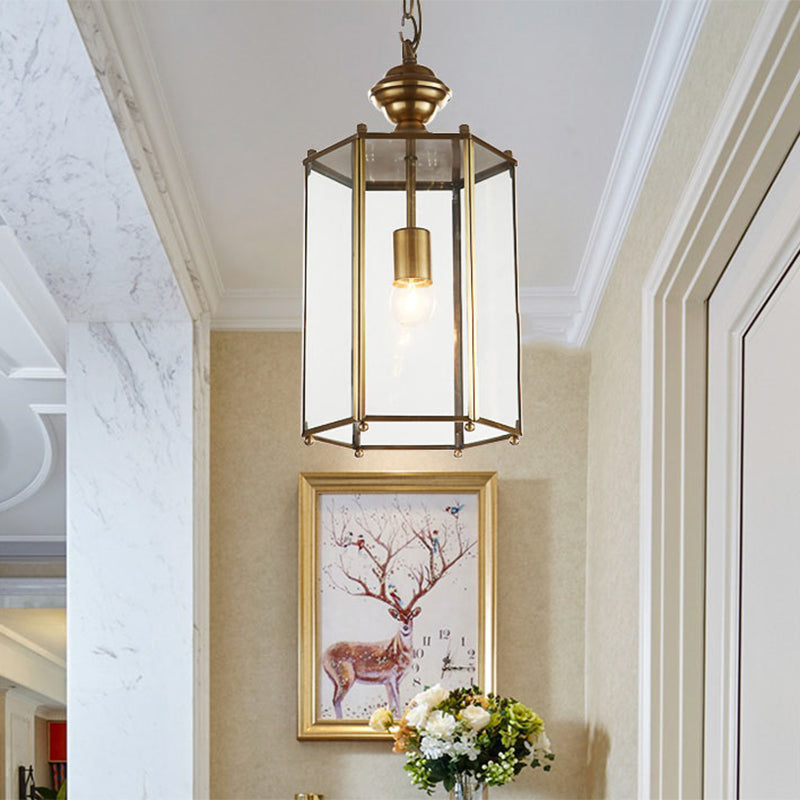 Classic Brass Lantern Pendant Light Fixture with Clear Glass - 1-Light Hanging Ceiling Lighting