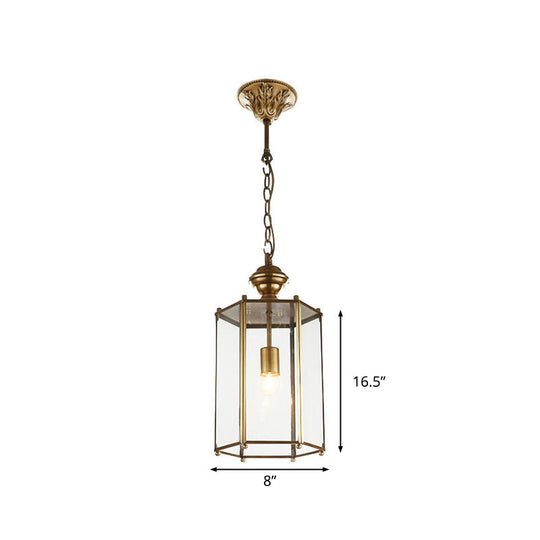 Classic Brass Lantern Pendant Light Fixture with Clear Glass - 1-Light Hanging Ceiling Lighting