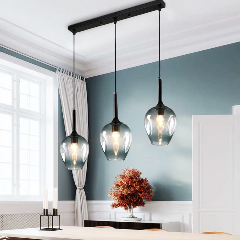 Tulip Cluster Pendant Lamp Modern Amber/Smoke/Blue Glass 3 Lights Black Ceiling Hung Light With