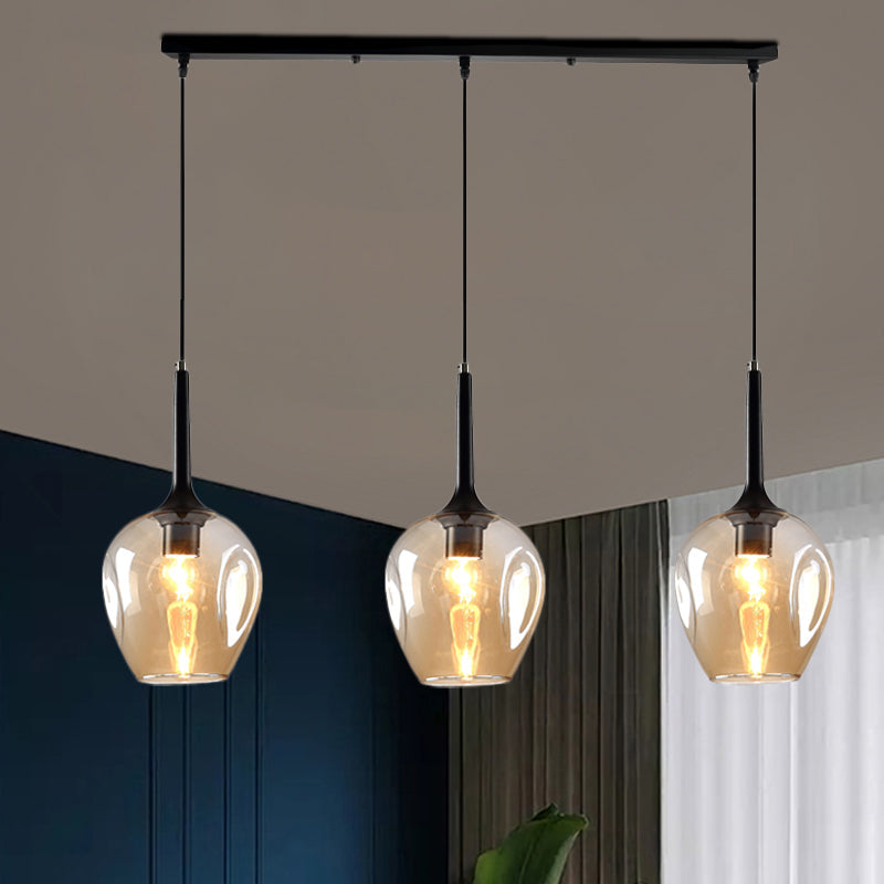 Tulip Cluster Pendant Lamp Modern Amber/Smoke/Blue Glass 3 Lights Black Ceiling Hung Light With