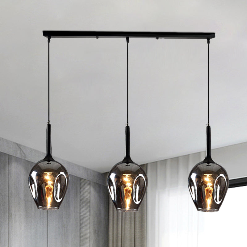 Tulip Cluster Pendant Lamp Modern Amber/Smoke/Blue Glass 3 Lights Black Ceiling Hung Light With