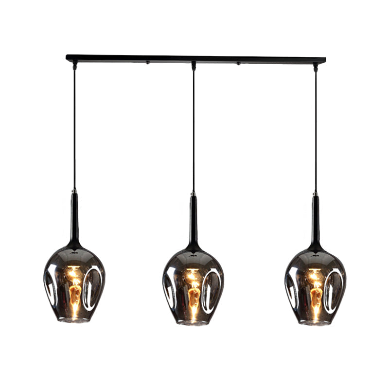 Tulip Cluster Pendant Lamp Modern Amber/Smoke/Blue Glass 3 Lights Black Ceiling Hung Light With