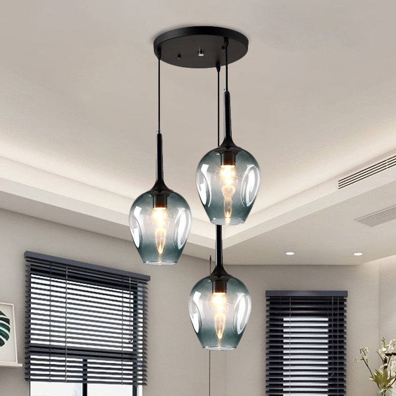 Riley - Black Black Tulip Cluster Lighting Modernist 3 Lights Amber/Smoke/Blue Glass Hanging Ceiling Lamp with Spiral Design