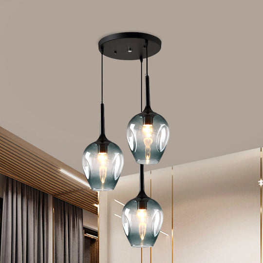 Riley - Black Black Tulip Cluster Lighting Modernist 3 Lights Amber/Smoke/Blue Glass Hanging Ceiling Lamp with Spiral Design