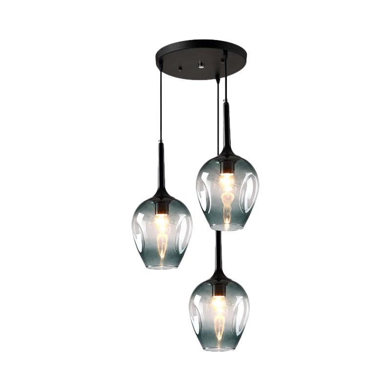 Riley - Black Black Tulip Cluster Lighting Modernist 3 Lights Amber/Smoke/Blue Glass Hanging Ceiling Lamp with Spiral Design