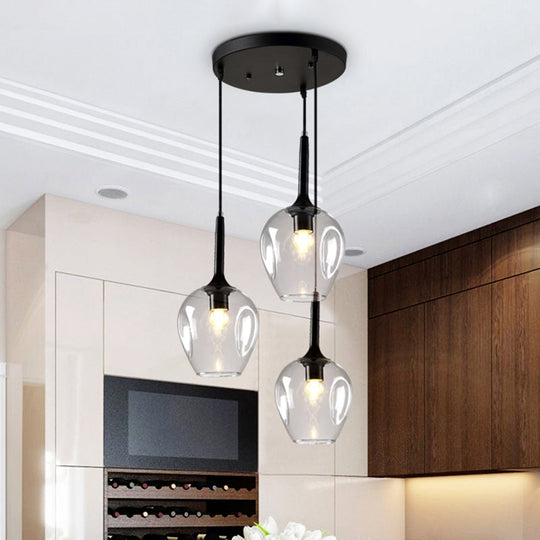 Modern Black Tulip Cluster Pendant Lamp With 3 Colored Glass Shades Clear