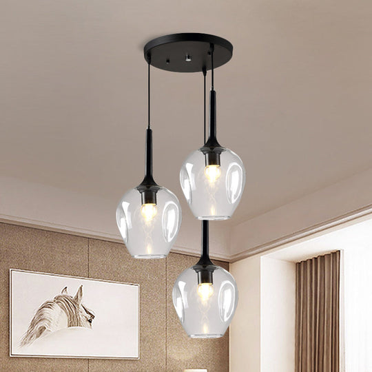 Riley - Black Black Tulip Cluster Lighting Modernist 3 Lights Amber/Smoke/Blue Glass Hanging Ceiling Lamp with Spiral Design