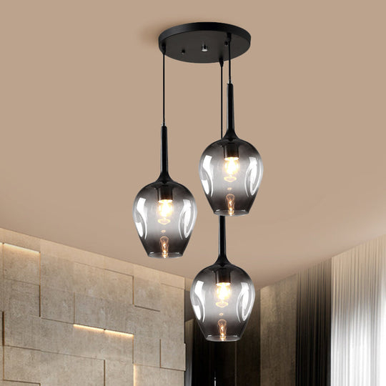 Riley - Black Black Tulip Cluster Lighting Modernist 3 Lights Amber/Smoke/Blue Glass Hanging Ceiling Lamp with Spiral Design