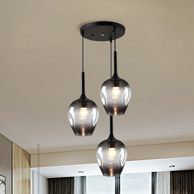 Riley - Black Black Tulip Cluster Lighting Modernist 3 Lights Amber/Smoke/Blue Glass Hanging Ceiling Lamp with Spiral Design