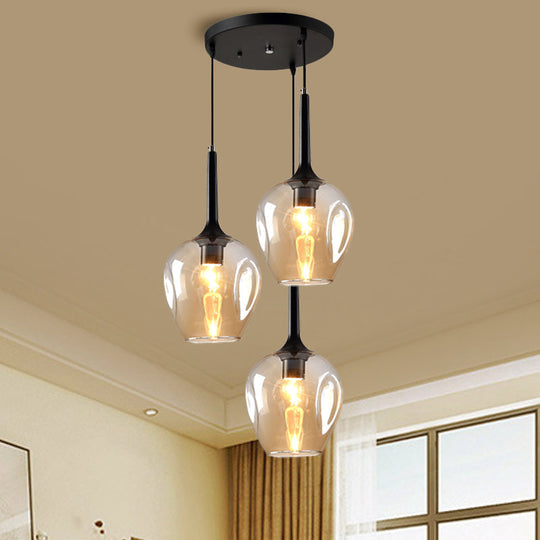 Riley - Black Black Tulip Cluster Lighting Modernist 3 Lights Amber/Smoke/Blue Glass Hanging Ceiling Lamp with Spiral Design