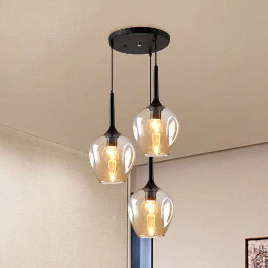 Riley - Black Black Tulip Cluster Lighting Modernist 3 Lights Amber/Smoke/Blue Glass Hanging Ceiling Lamp with Spiral Design