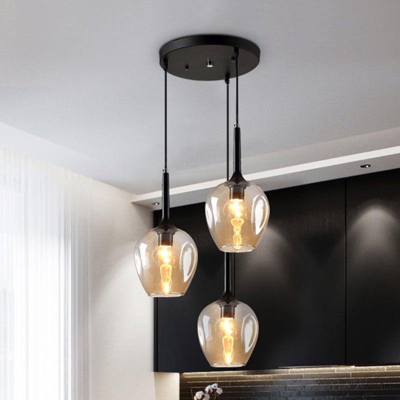 Riley - Black Black Tulip Cluster Lighting Modernist 3 Lights Amber/Smoke/Blue Glass Hanging Ceiling Lamp with Spiral Design