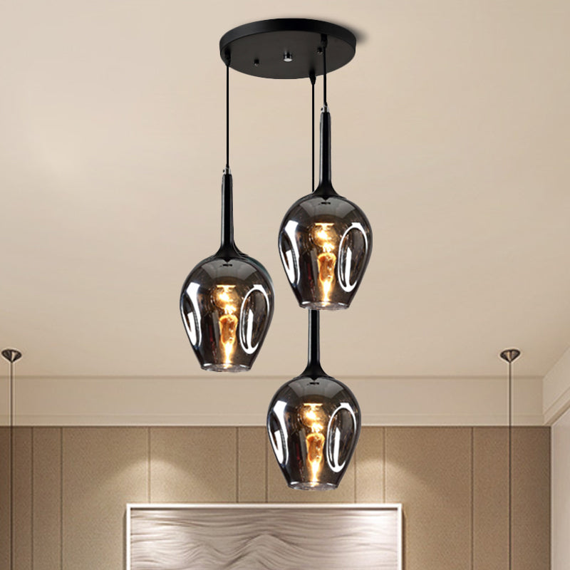 Modern Black Tulip Cluster Pendant Lamp With 3 Colored Glass Shades Smoke Gray