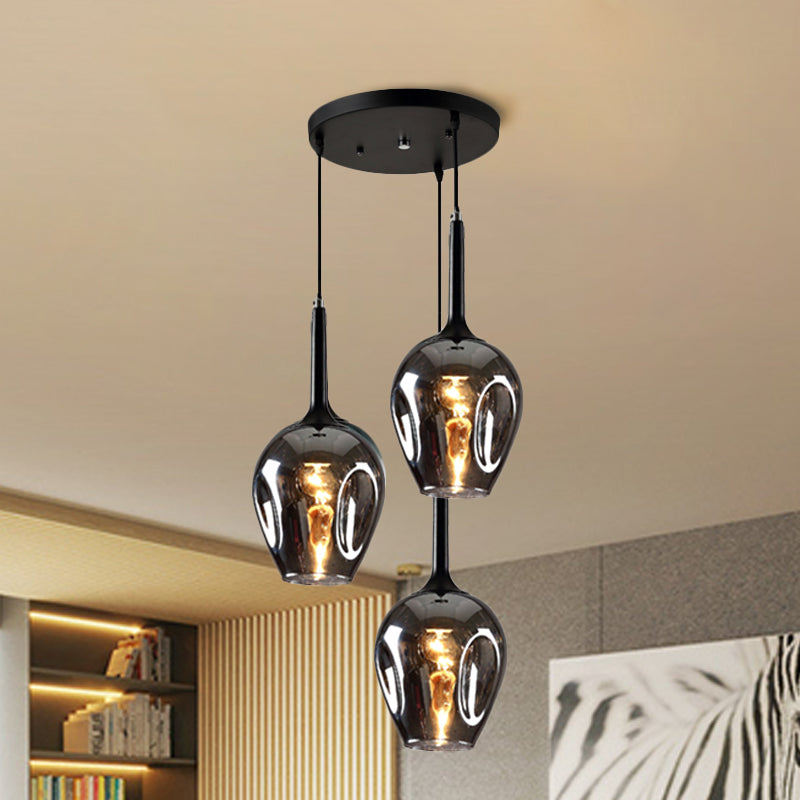 Riley - Black Black Tulip Cluster Lighting Modernist 3 Lights Amber/Smoke/Blue Glass Hanging Ceiling Lamp with Spiral Design