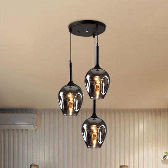 Riley - Black Black Tulip Cluster Lighting Modernist 3 Lights Amber/Smoke/Blue Glass Hanging Ceiling Lamp with Spiral Design