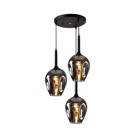 Riley - Black Black Tulip Cluster Lighting Modernist 3 Lights Amber/Smoke/Blue Glass Hanging Ceiling Lamp with Spiral Design