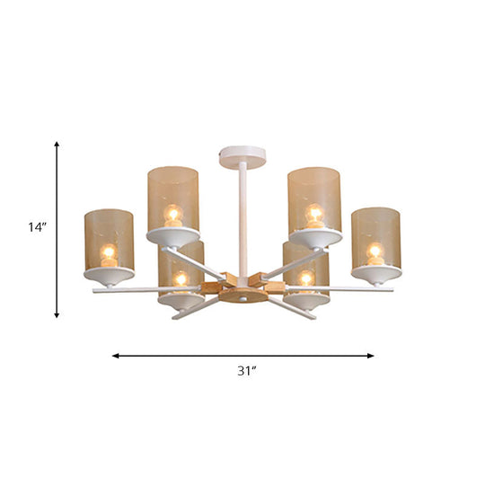 Contemporary Wood Cognac Chandelier - Cylinder Shade 3/6 Heads Lighting For Living Room