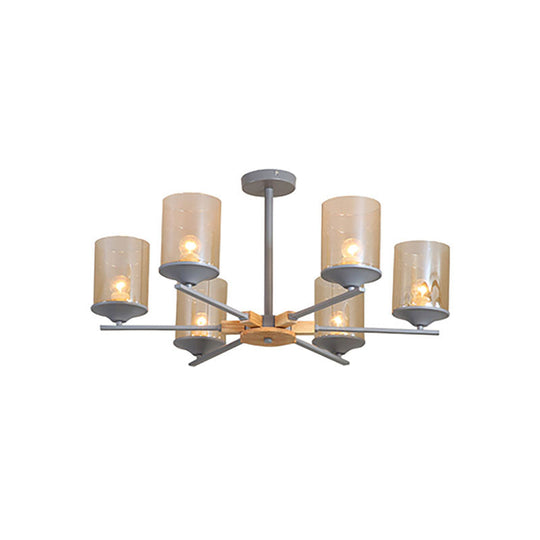 Contemporary Wood Cognac Chandelier - Cylinder Shade 3/6 Heads Lighting For Living Room