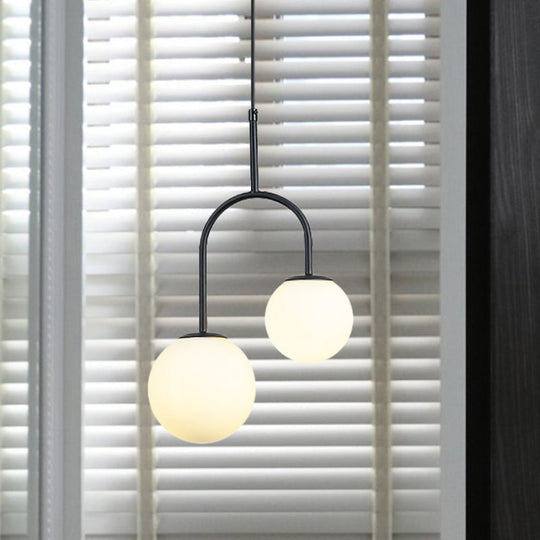 2-Head Modern White Glass Pendant Light with Black/Gold Suspension and Arc Arm