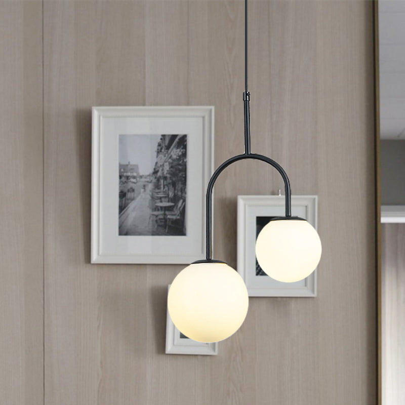 2-Head Modern White Glass Pendant Light with Black/Gold Suspension and Arc Arm