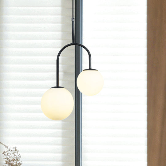 2-Head Modern White Glass Pendant Light with Black/Gold Suspension and Arc Arm