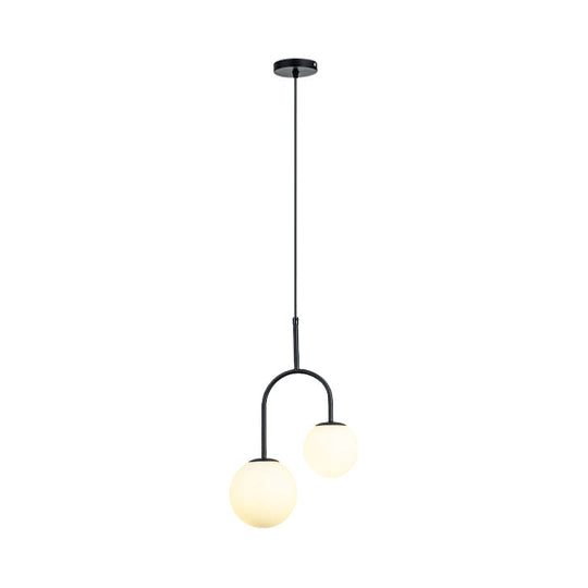 2-Head Modern White Glass Pendant Light with Black/Gold Suspension and Arc Arm