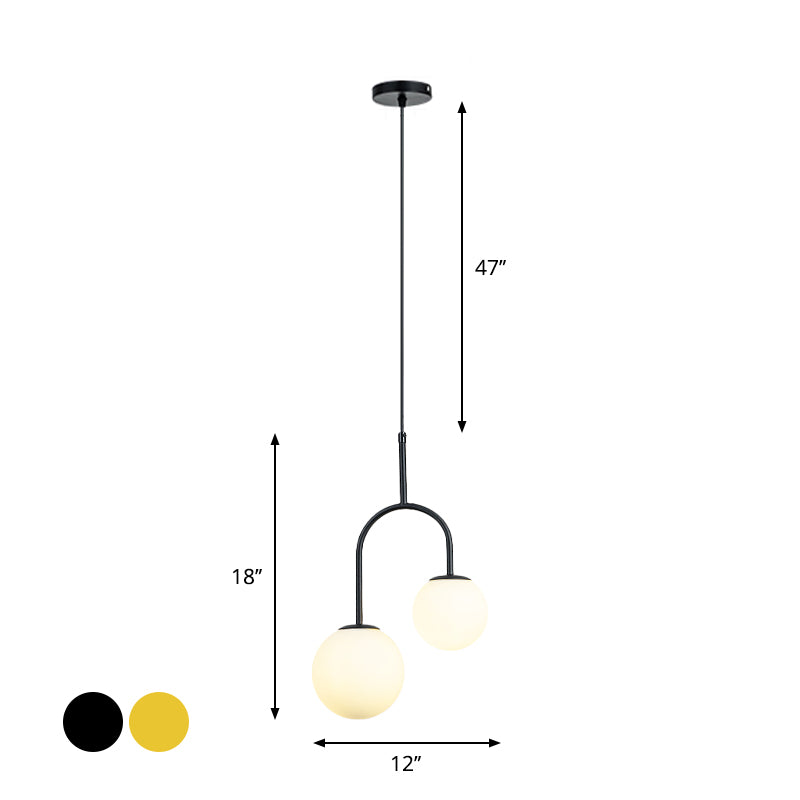 2-Head Modern White Glass Pendant Light with Black/Gold Suspension and Arc Arm