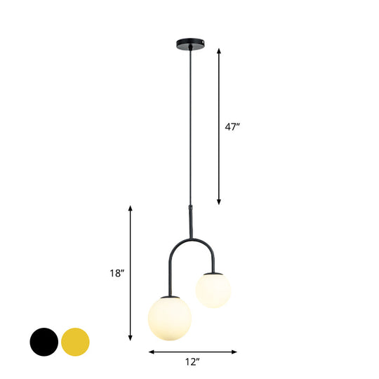 2-Head Modern White Glass Pendant Light with Black/Gold Suspension and Arc Arm