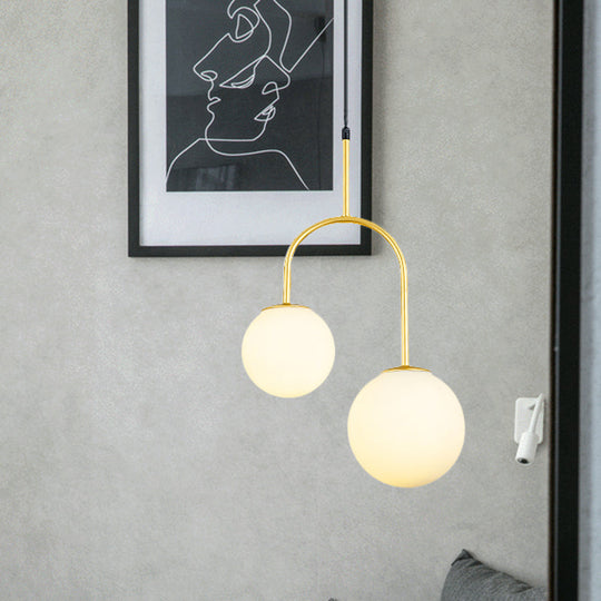 2-Head Modern White Glass Pendant Light with Black/Gold Suspension and Arc Arm