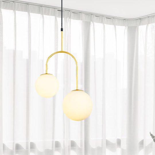 2-Head Modern White Glass Pendant Light with Black/Gold Suspension and Arc Arm