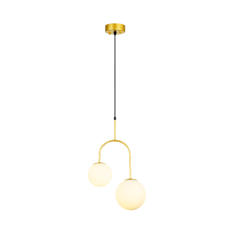 2-Head Modern White Glass Pendant Light with Black/Gold Suspension and Arc Arm