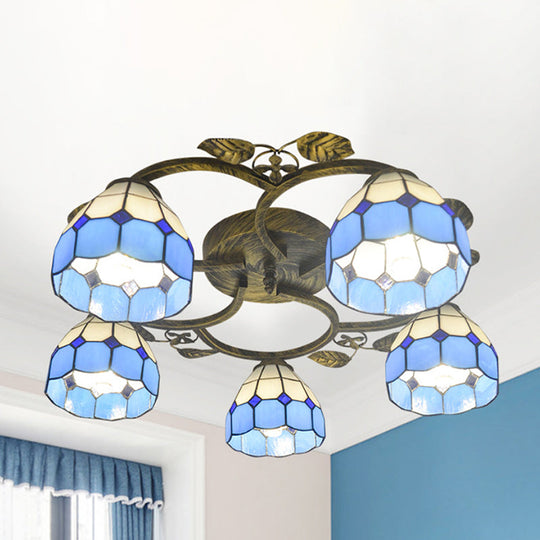 Tiffany Art Glass Ceiling Lamp - Lattice Domed Ceiling Mount Light (5/9 Lights) in Blue/Sky Blue for Cloth Shop