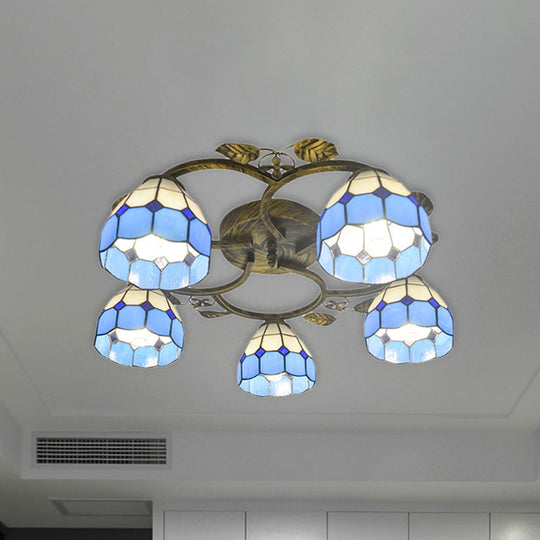 Tiffany Art Glass Ceiling Lamp - Lattice Domed Ceiling Mount Light (5/9 Lights) in Blue/Sky Blue for Cloth Shop