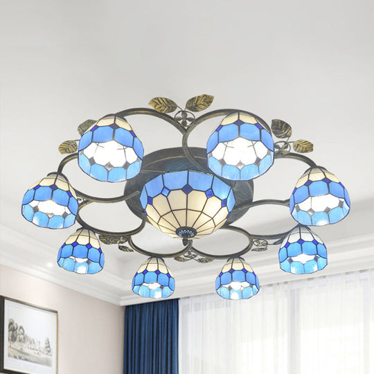 Tiffany Art Glass Ceiling Lamp - Lattice Domed Ceiling Mount Light (5/9 Lights) in Blue/Sky Blue for Cloth Shop