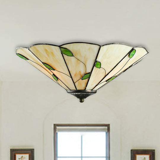 Tiffany Stained Glass Ceiling Light with Geometric Design and Leaf Theme (3 Lights, White/Beige Flush Mount)