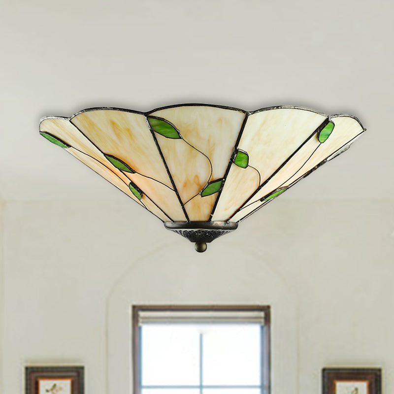 Tiffany Stained Glass Ceiling Light With Geometric Design And Leaf Theme (3 Lights White/Beige Flush