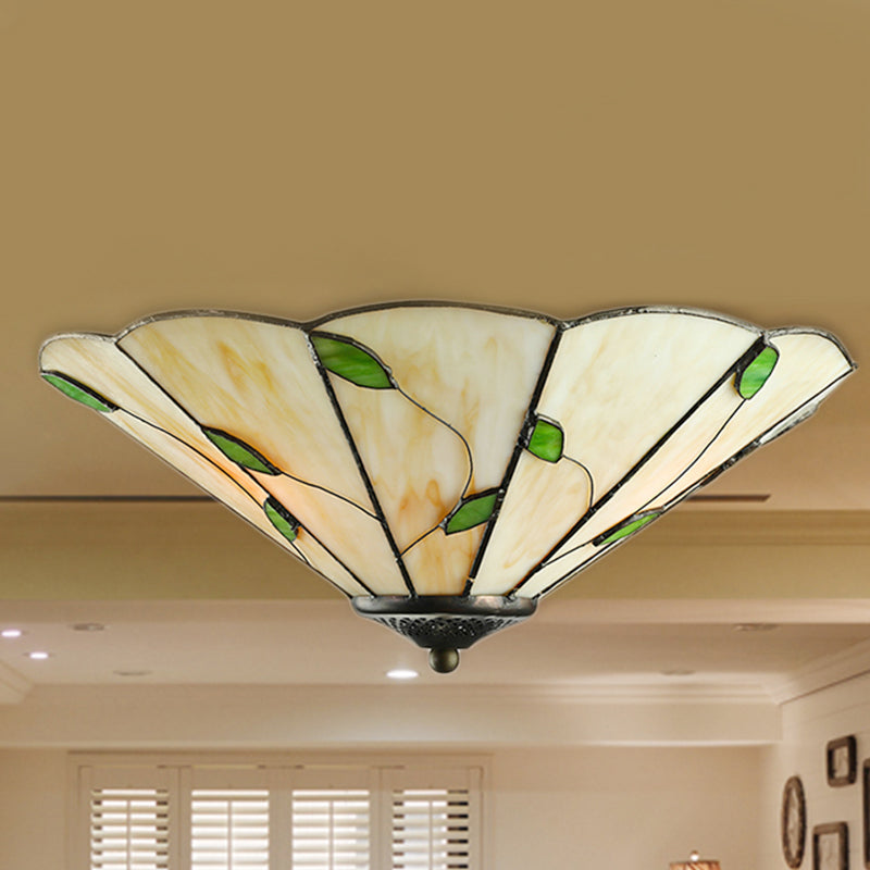 Tiffany Stained Glass Ceiling Light with Geometric Design and Leaf Theme (3 Lights, White/Beige Flush Mount)