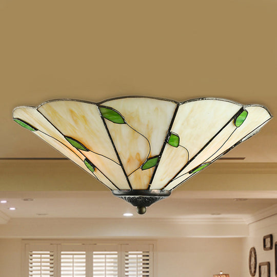 Tiffany Stained Glass Ceiling Light With Geometric Design And Leaf Theme (3 Lights White/Beige Flush