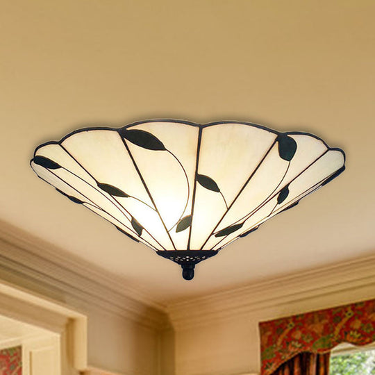 Tiffany Stained Glass Ceiling Light with Geometric Design and Leaf Theme (3 Lights, White/Beige Flush Mount)