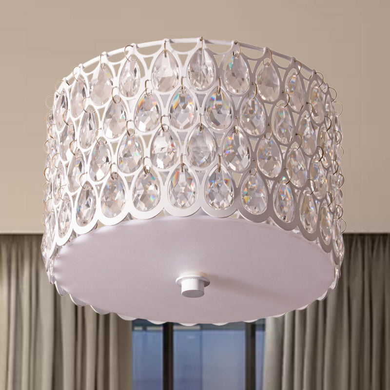 White Crystal Round Flush Lamp - Simplicity 2-Light Ceiling Mount With Iron Mesh