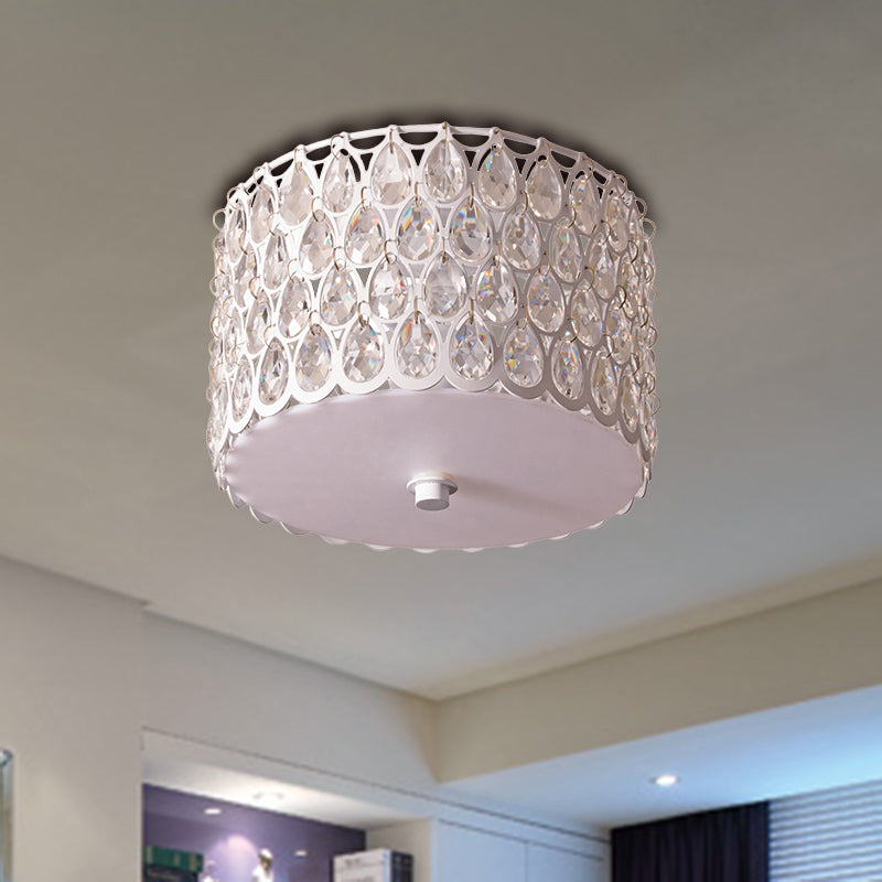 White Crystal Round Flush Lamp - Simplicity 2-Light Ceiling Flush Mount with Iron Mesh