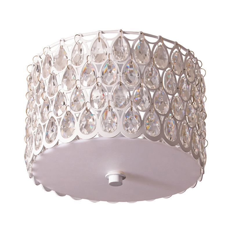 White Crystal Round Flush Lamp - Simplicity 2-Light Ceiling Mount With Iron Mesh