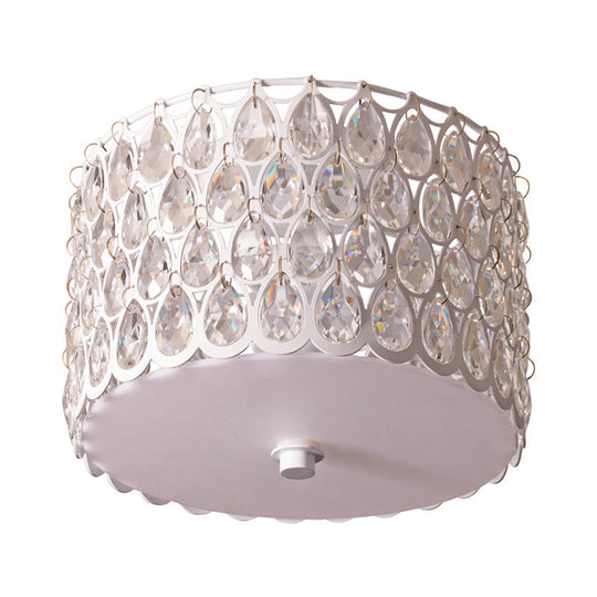 White Crystal Round Flush Lamp - Simplicity 2-Light Ceiling Mount With Iron Mesh