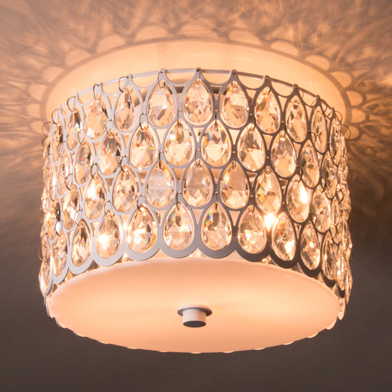 White Crystal Round Flush Lamp - Simplicity 2-Light Ceiling Mount With Iron Mesh