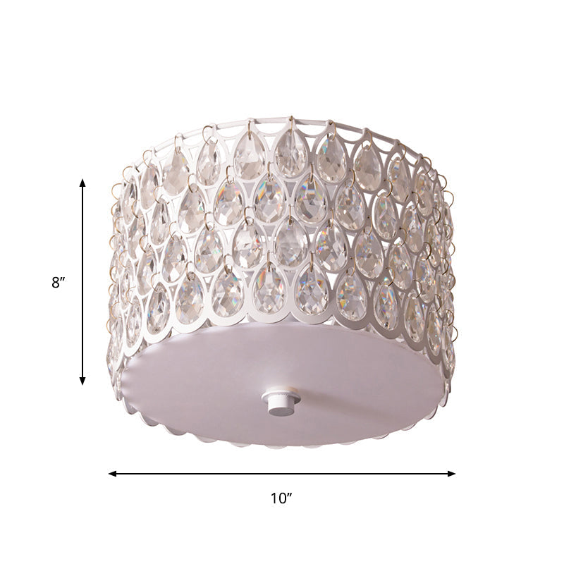 White Crystal Round Flush Lamp - Simplicity 2-Light Ceiling Mount With Iron Mesh