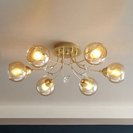 Classic Amber Glass Ball Semi-Flush Light Fixture with Crystal Accent (6/9-Light) for Living Room Ceiling