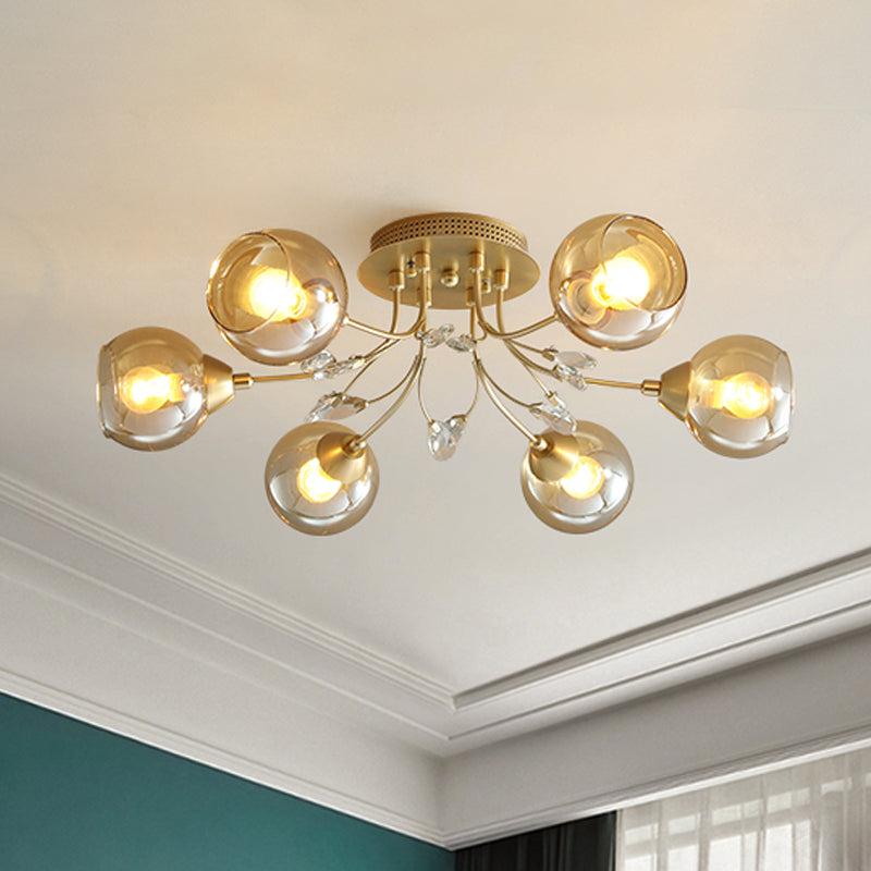 Classic Amber Glass Ball Semi-Flush Light Fixture with Crystal Accent (6/9-Light) for Living Room Ceiling