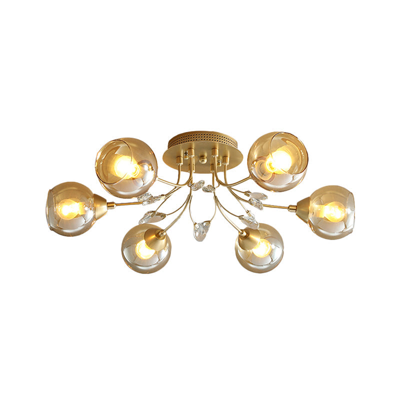 Classic Amber Glass Ball Semi-Flush Light Fixture with Crystal Accent (6/9-Light) for Living Room Ceiling