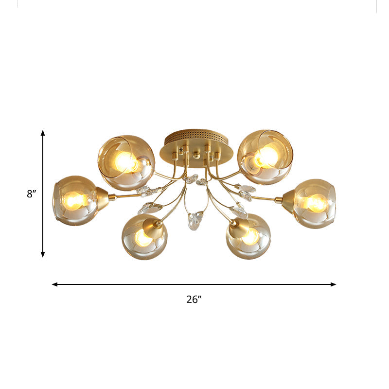 Classic Amber Glass Ball Semi-Flush Light Fixture with Crystal Accent (6/9-Light) for Living Room Ceiling